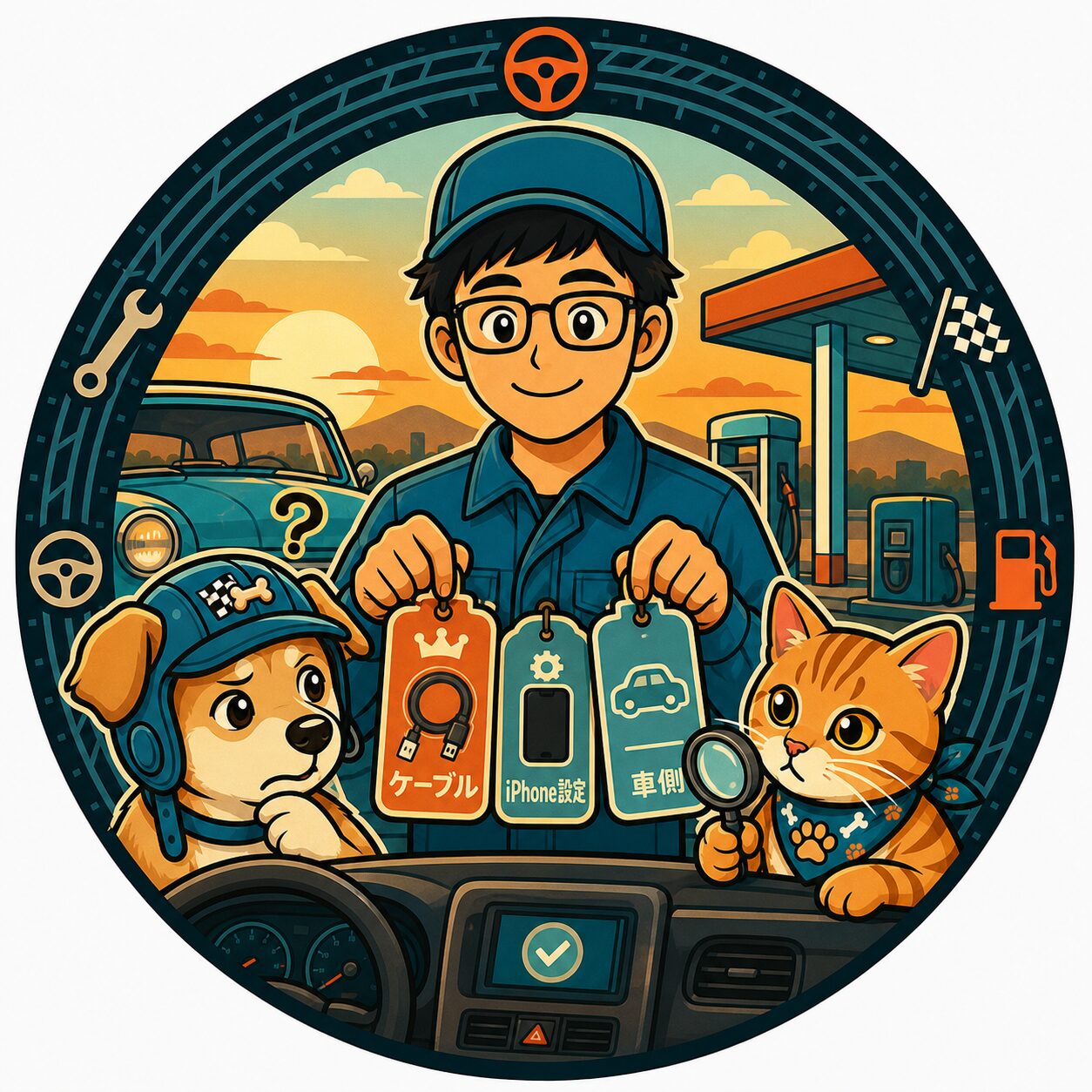 CarPlay接続トラブルの原因3分類(ケーブル・iPhone設定・車側)を示すイラスト