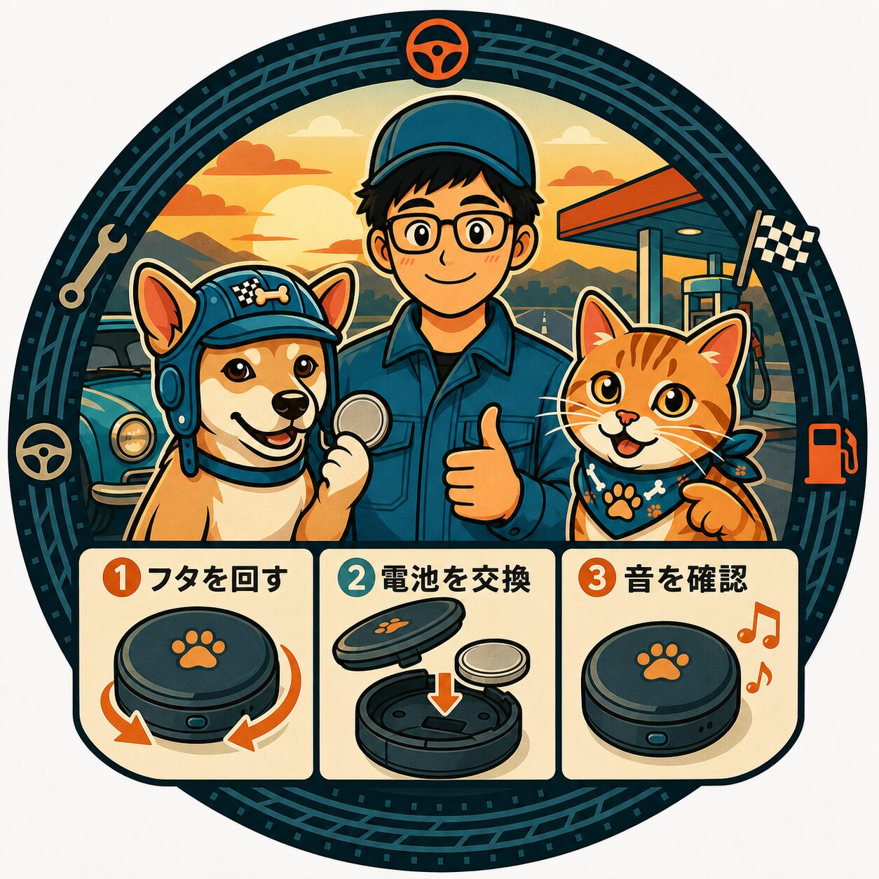 AirTagの電池交換3ステップ(フタを回す・電池を交換・音を確認)の図解イラスト
