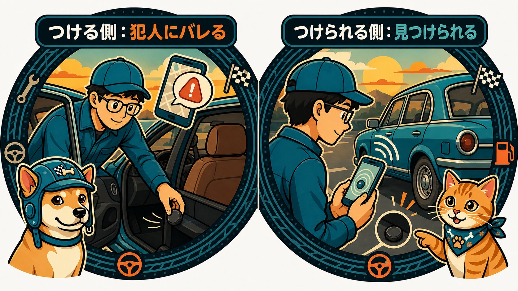 AirTagが車で「バレる」2つのパターン図解。左:自分でつけると犯人にバレる、右:仕掛けられた側は見つけられる(ノア・テト・テンチョー)