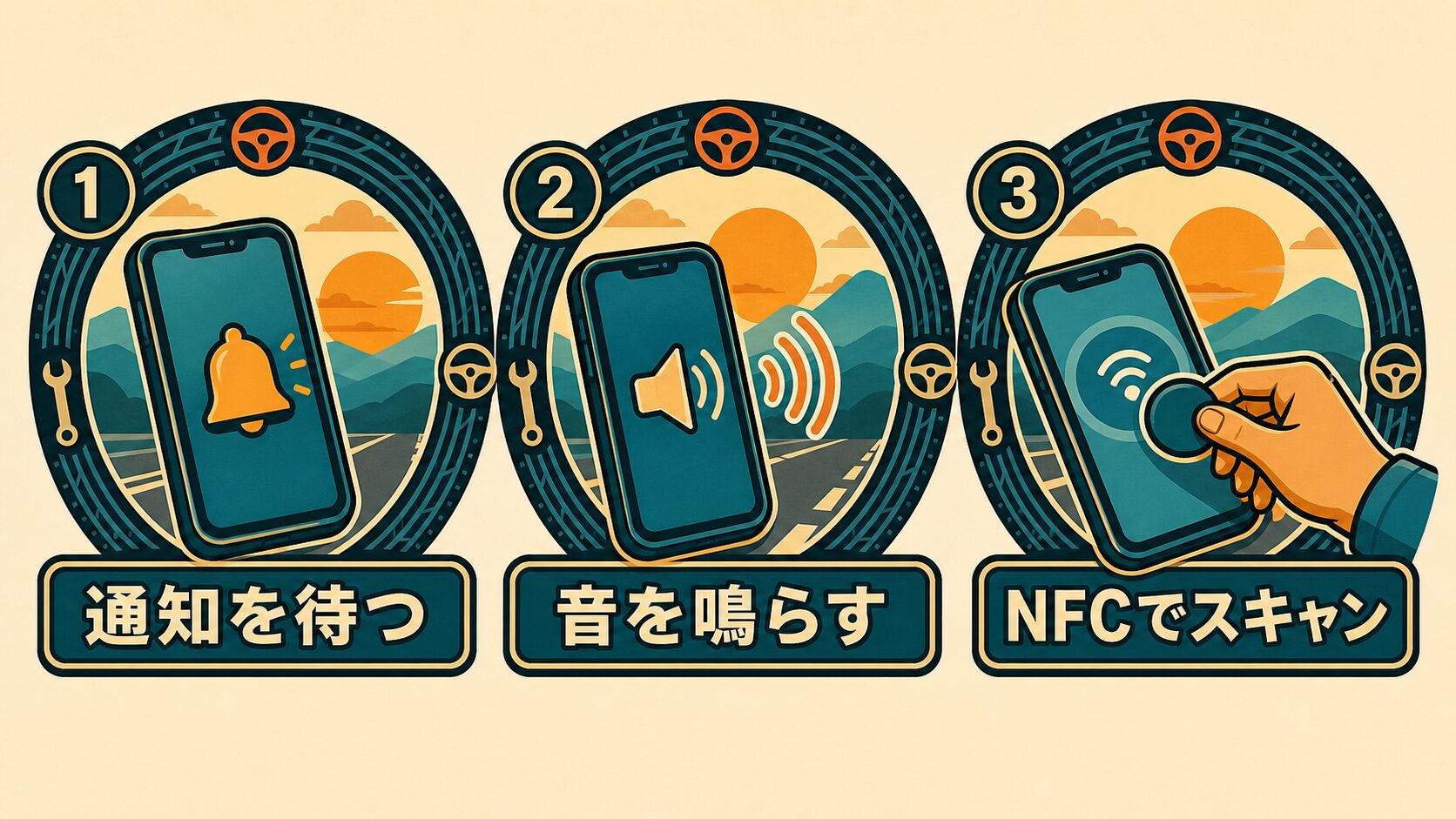 スマホで車のAirTagを探す3つの方法の図解。通知を待つ・音を鳴らす・NFCでスキャン