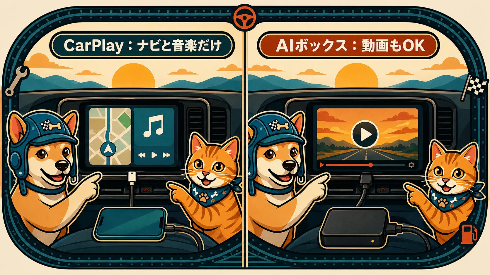 CarPlayとAIボックスの違いの図解。CarPlayはナビと音楽だけ、AIボックスなら動画もOK（ノア・テト）