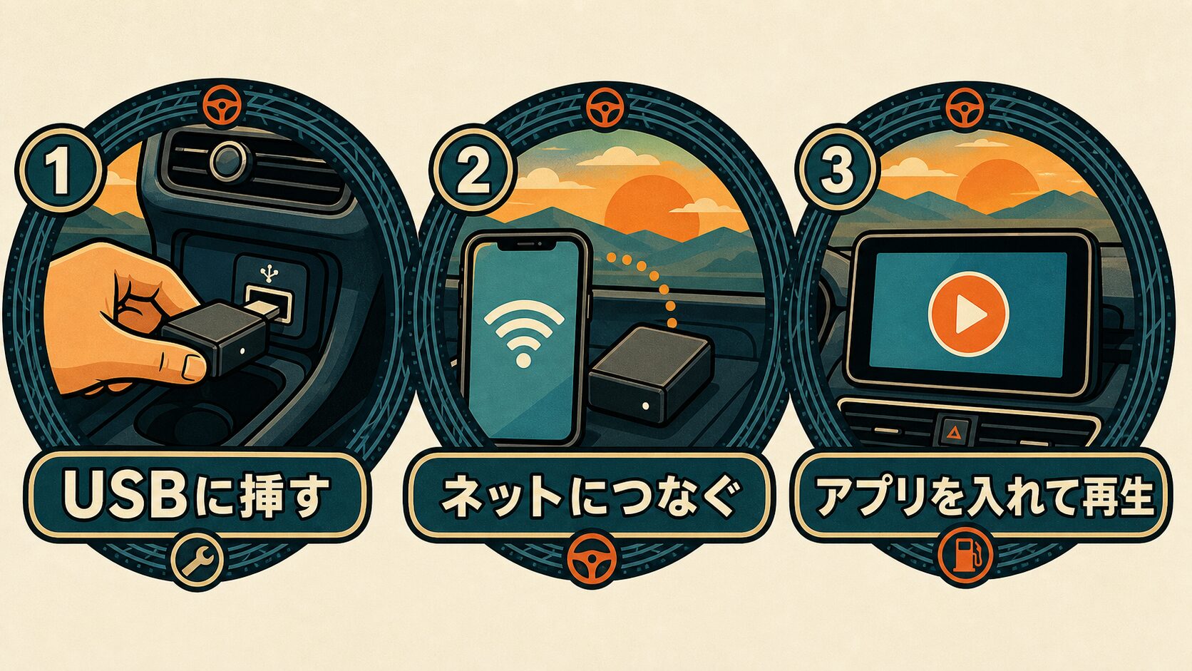 AIボックスの設定3ステップ図解。USBに挿す・ネットにつなぐ・アプリを入れて再生