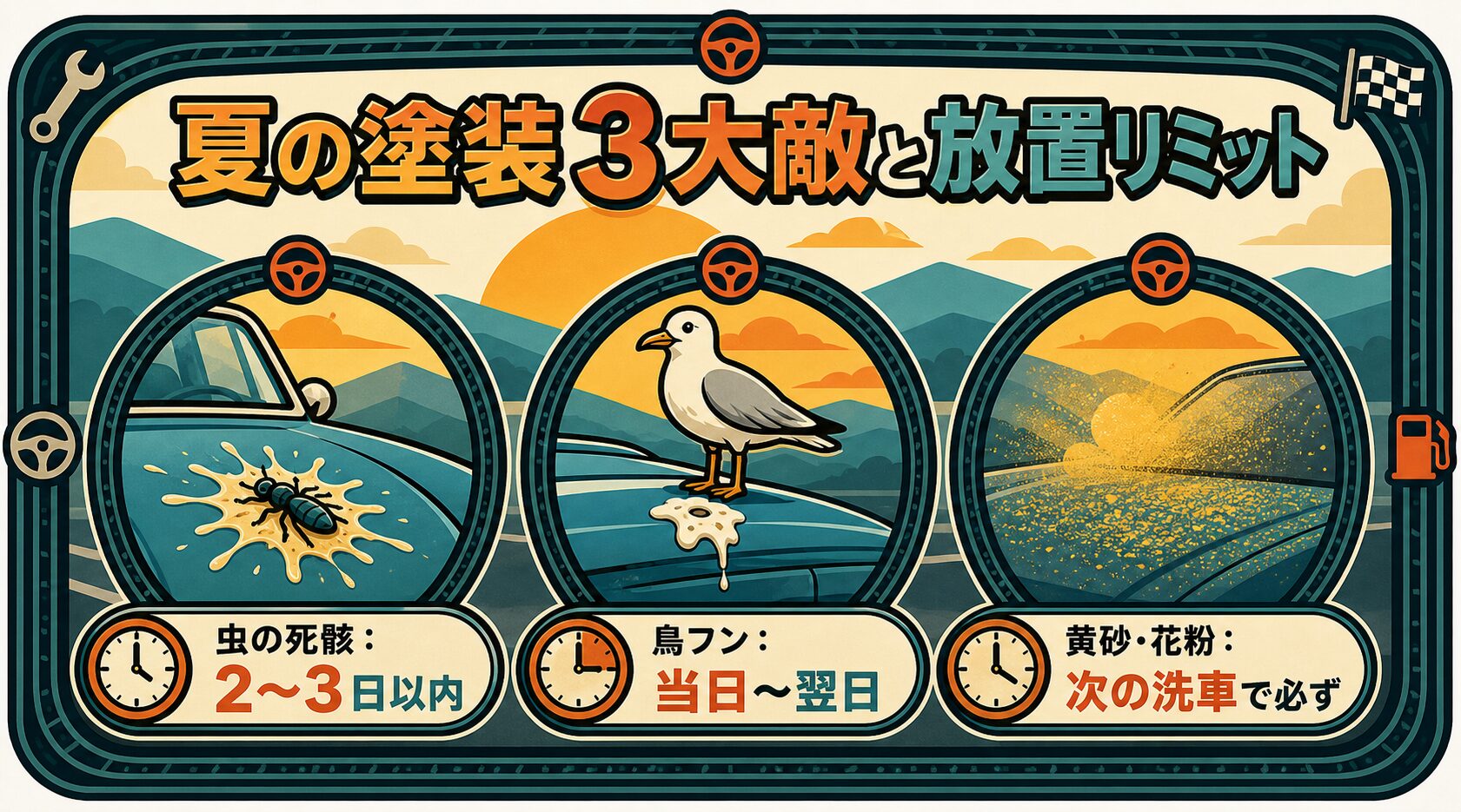 夏の塗装の3大敵と放置リミットの図解。虫の死骸は2〜3日以内、鳥フンは当日〜翌日、黄砂・花粉は次の洗車で必ず落とす