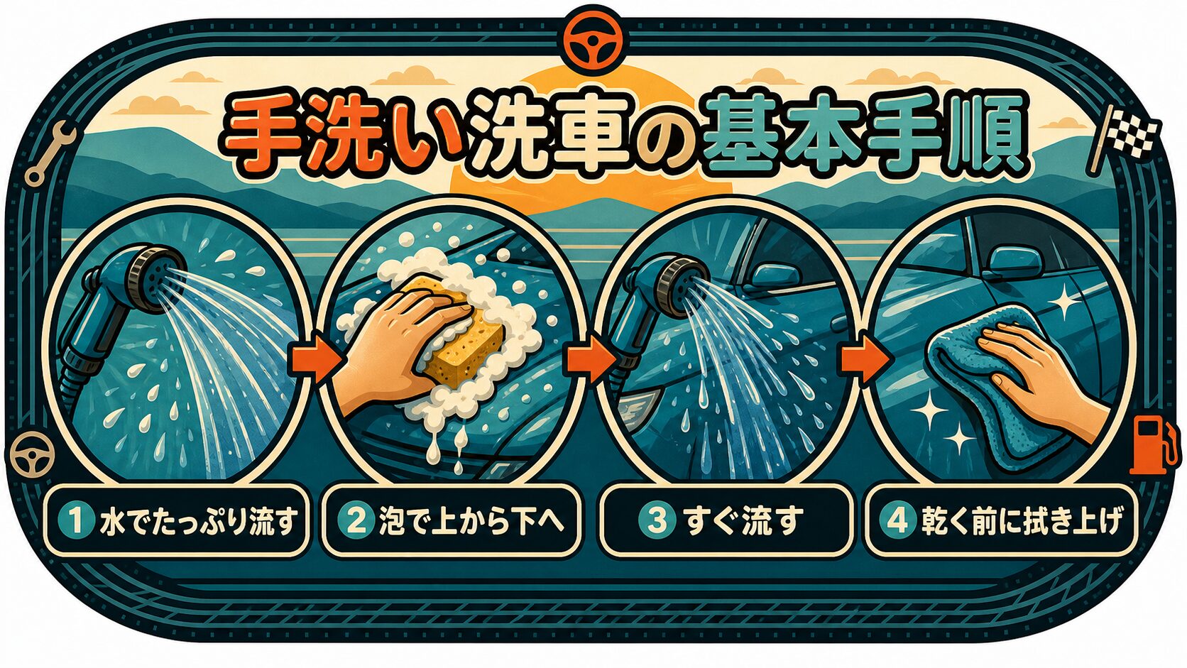 手洗い洗車の基本手順4ステップの図解。①水でたっぷり流す②泡で上から下へ③すぐ流す④乾く前に拭き上げ