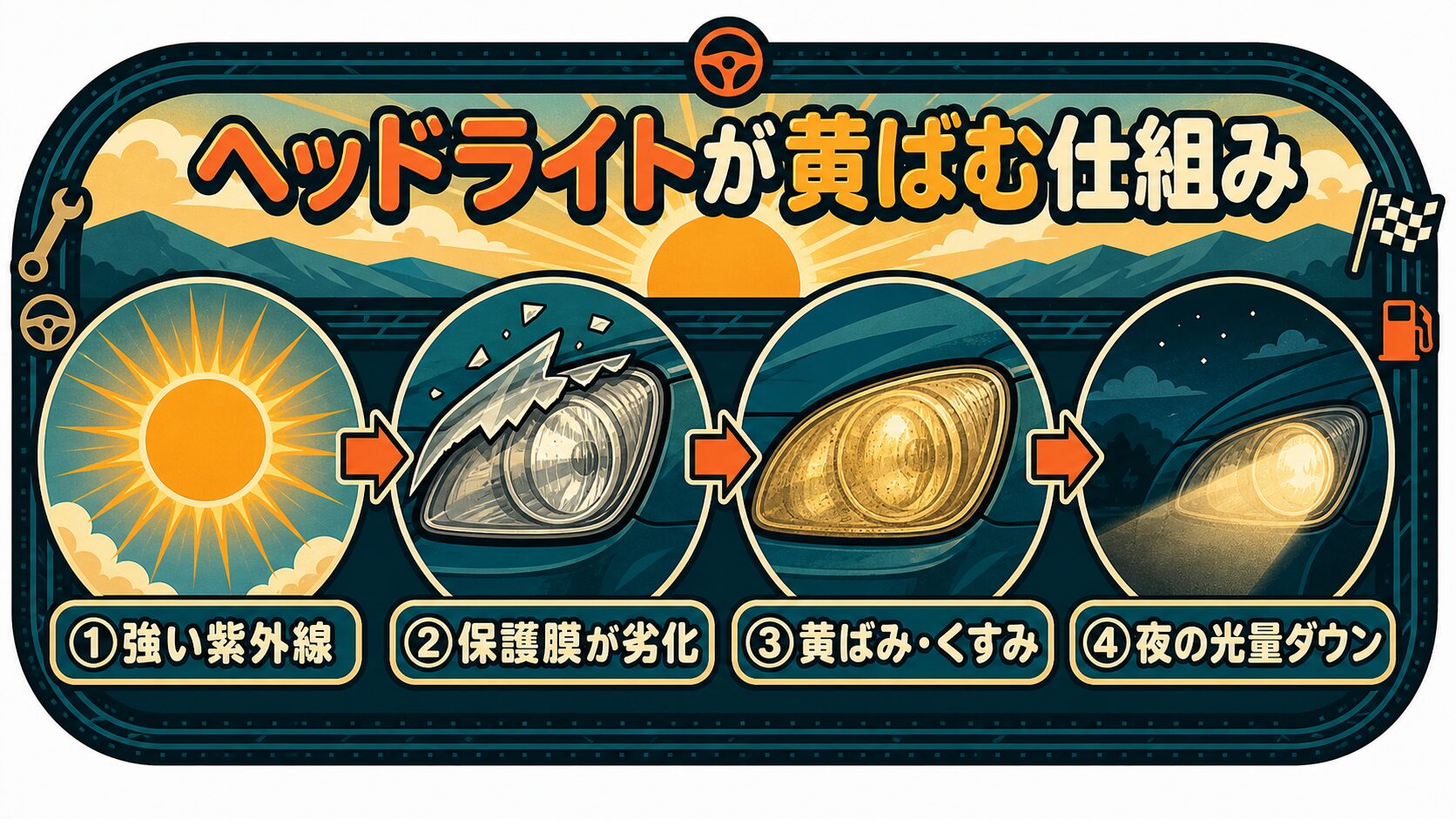ヘッドライトが黄ばむ仕組みの図解。①強い紫外線②保護膜が劣化③黄ばみ・くすみ④夜の光量ダウン