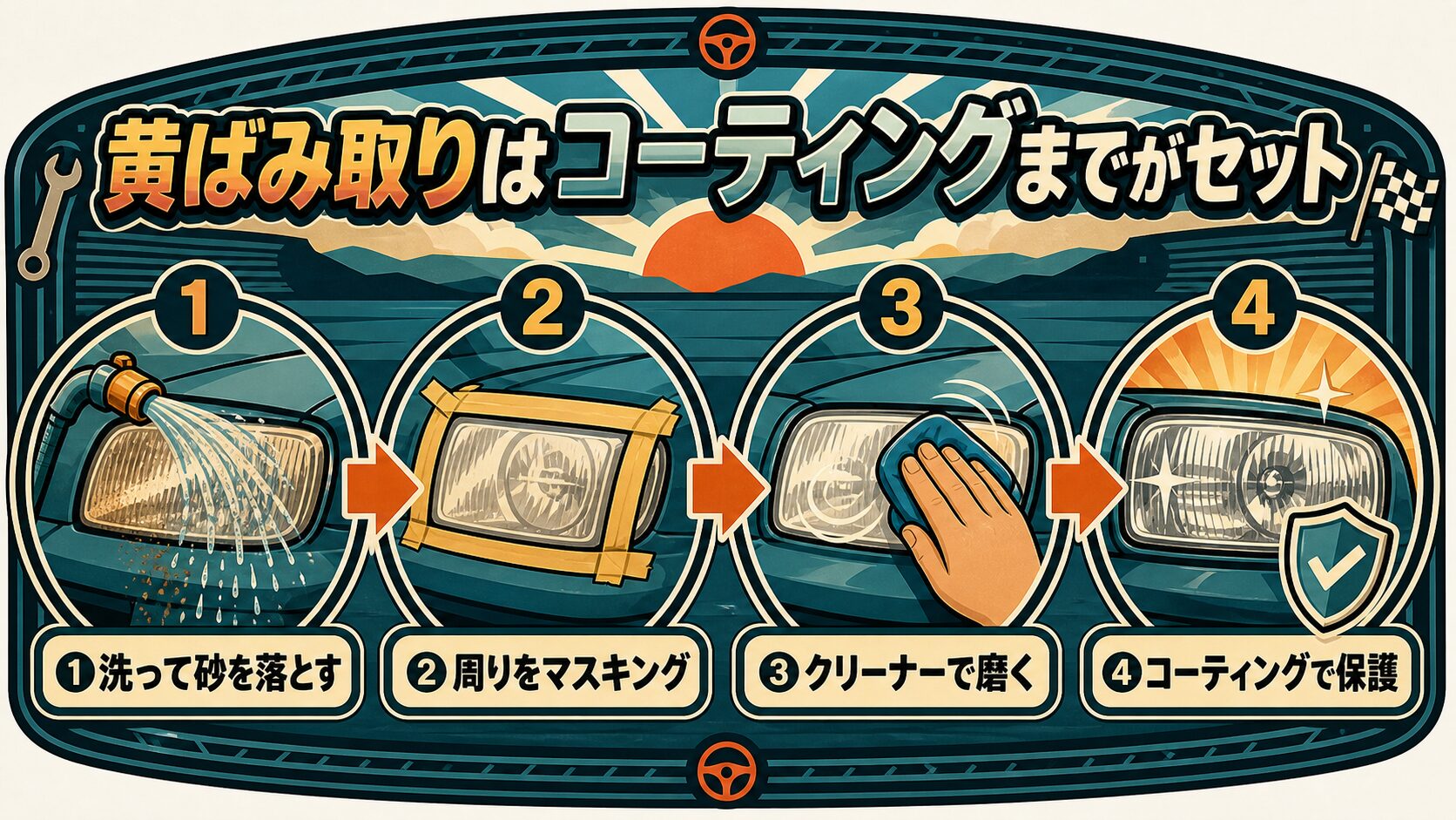 DIY黄ばみ取りの手順フロー図解。①洗って砂を落とす②周りをマスキング③クリーナーで磨く④コーティングで保護