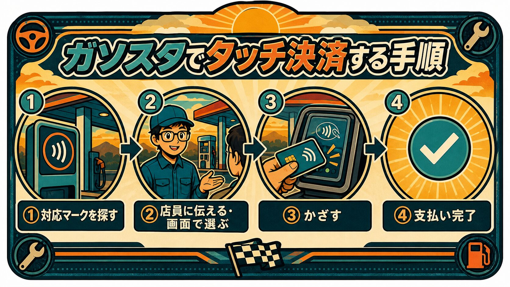 ガソスタでタッチ決済する手順フロー。①対応マークを探す②店員に伝える・画面で選ぶ③かざす④支払い完了