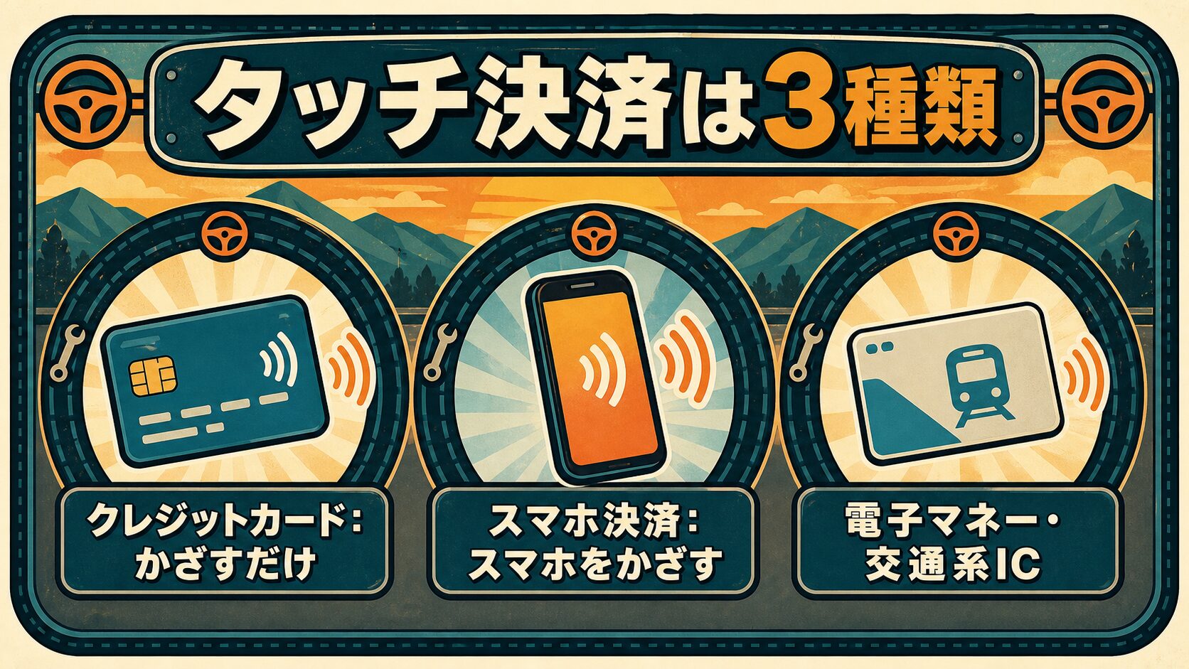タッチ決済3種類の整理図。クレジットカード・スマホ決済・電子マネー/交通系ICをかざすだけ