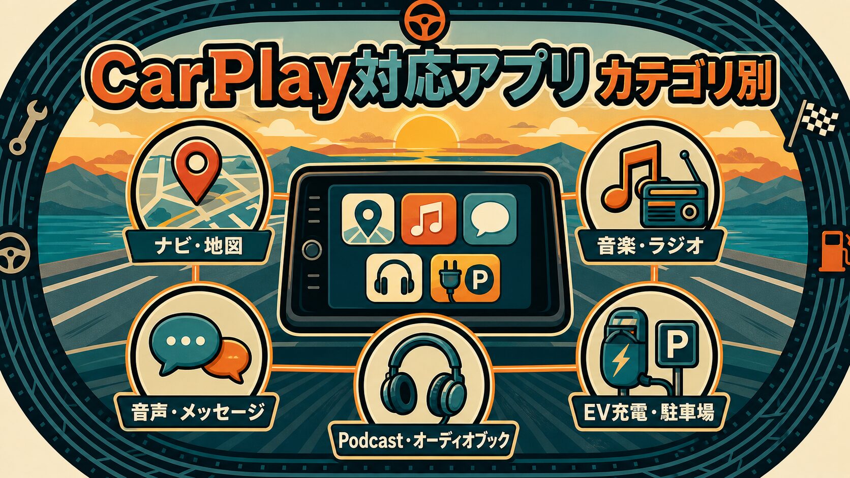 CarPlay対応アプリのカテゴリ別マップ。ナビ・地図／音楽・ラジオ／音声・メッセージ／Podcast・オーディオブック／EV充電・駐車場