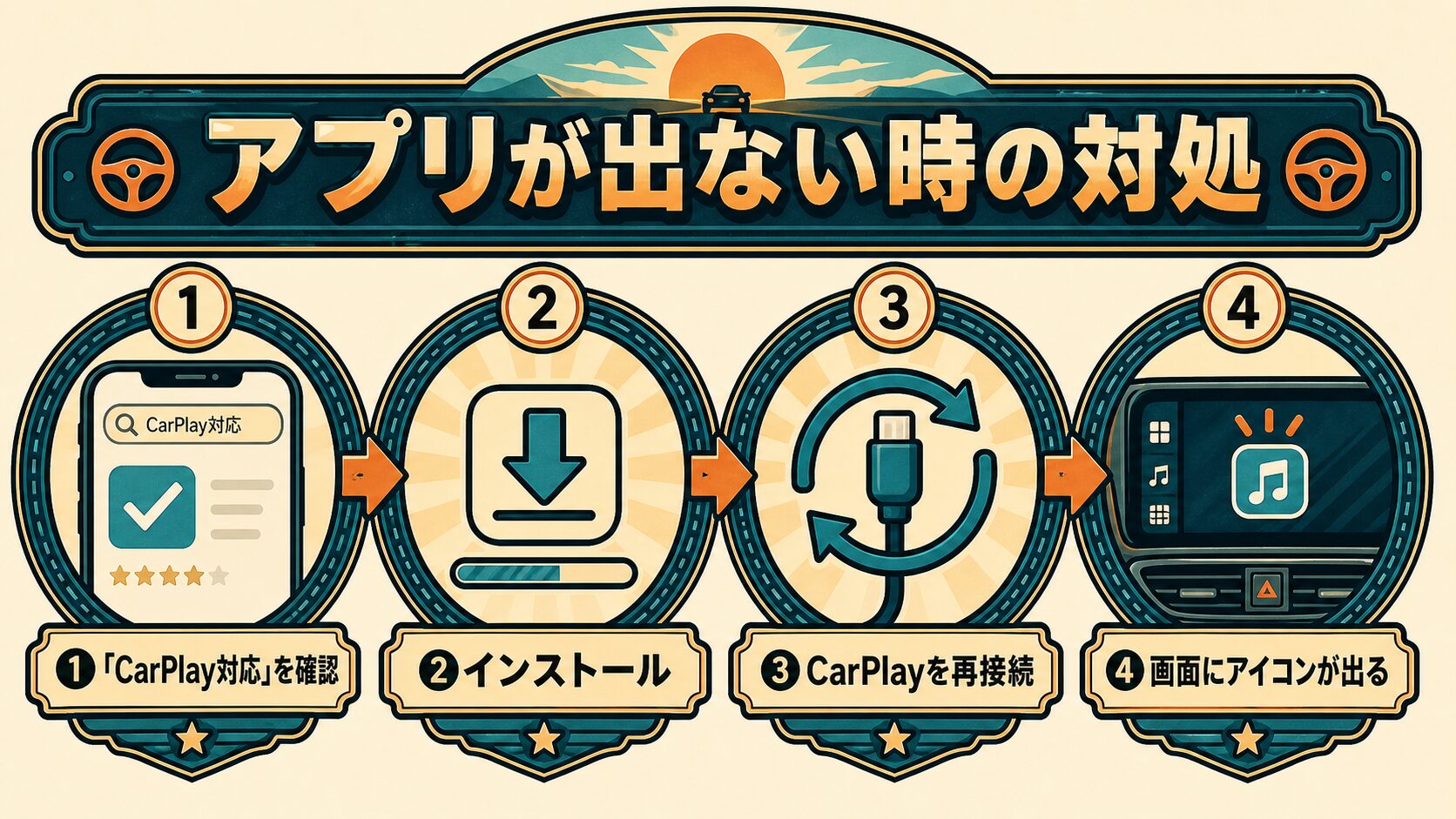 CarPlayにアプリが表示されない時の対処フロー。CarPlay対応を確認→インストール→再接続→画面にアイコンが出る