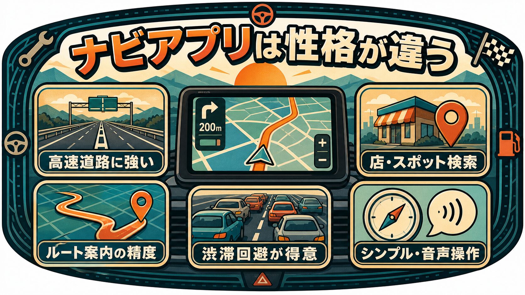 CarPlayナビアプリの性格の違い。高速道路に強い・店やスポット検索・ルート案内の精度・渋滞回避が得意・シンプルで音声操作