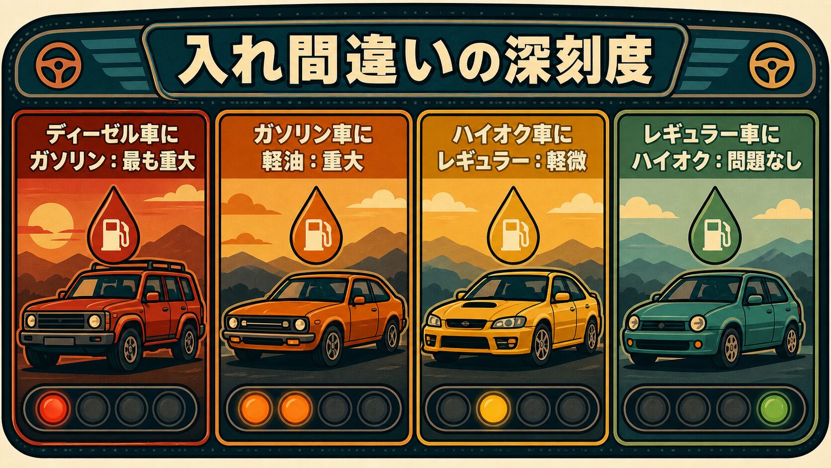 燃料入れ間違いの深刻度マップ。ディーゼル車にガソリンが最も重大、ガソリン車に軽油は重大、ハイオク車にレギュラーは軽微、レギュラー車にハイオクは問題なし