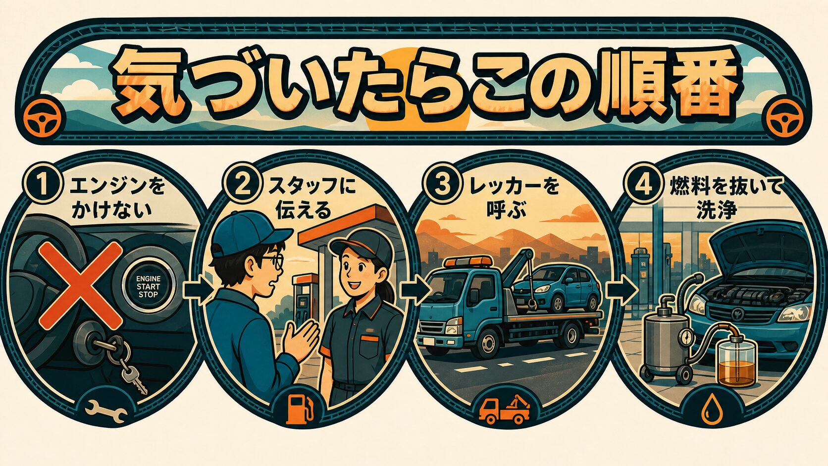 入れ間違いに気づいた後の対処フロー。エンジンをかけない→スタッフに伝える→レッカーを呼ぶ→燃料を抜いて洗浄