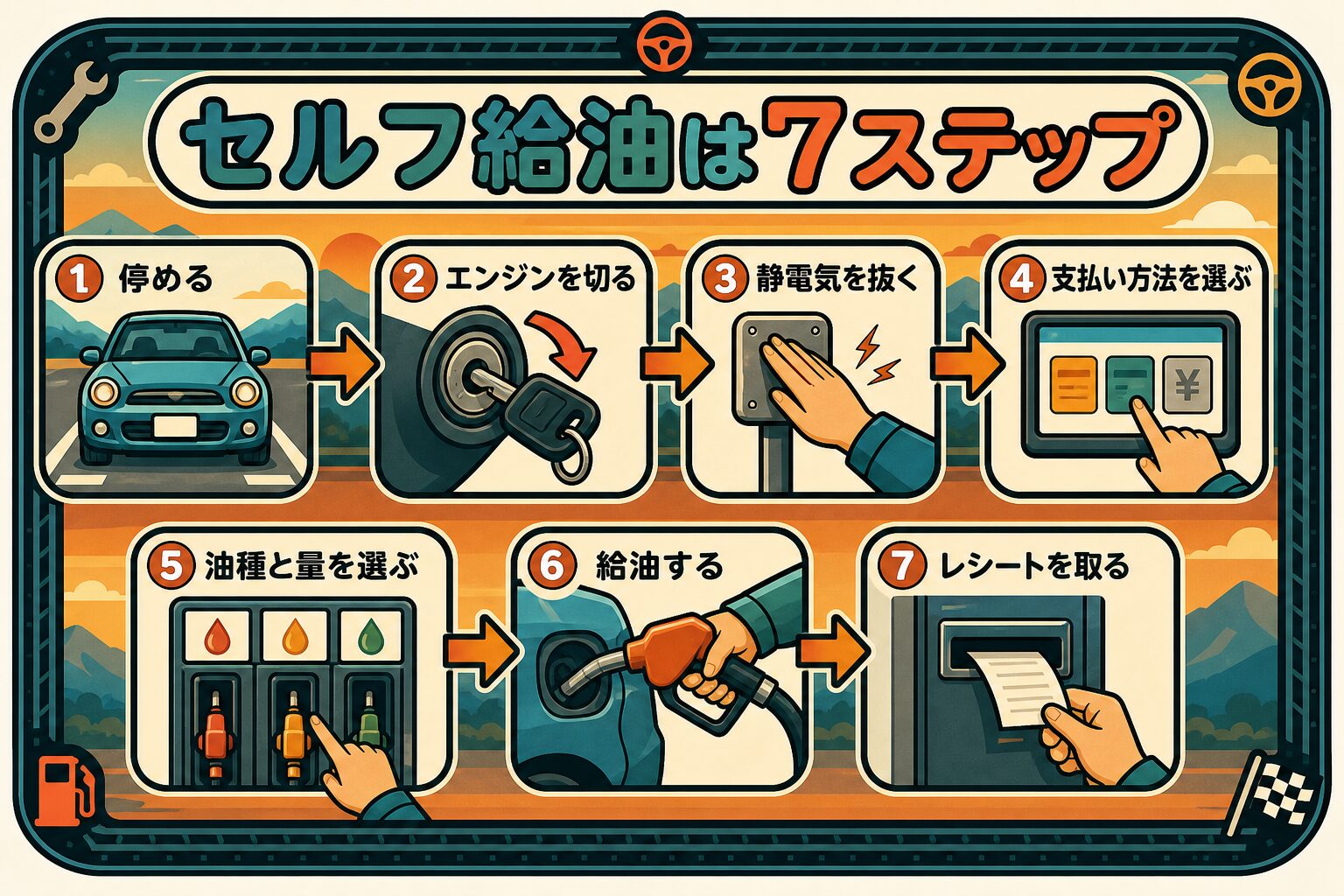 セルフ給油の7ステップ。①停める②エンジンを切る③静電気を抜く④支払い方法を選ぶ⑤油種と量を選ぶ⑥給油する⑦レシートを取る