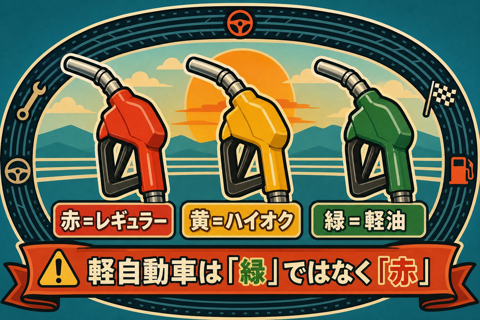 油種の色分け。赤はレギュラー、黄はハイオク、緑は軽油。軽自動車に入れるのは緑ではなく赤のレギュラー