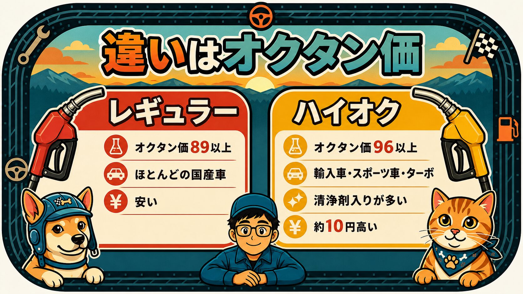 レギュラーとハイオクの違い。レギュラーはオクタン価89以上でほとんどの国産車、ハイオクは96以上で輸入車やターボ車、清浄剤入りが多く約10円高い