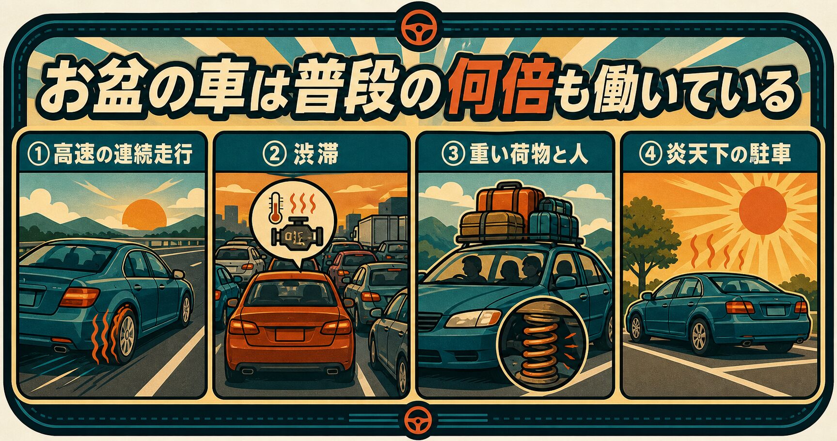お盆の車にかかる4つの負荷。高速の連続走行、渋滞、重い荷物と人、炎天下の駐車
