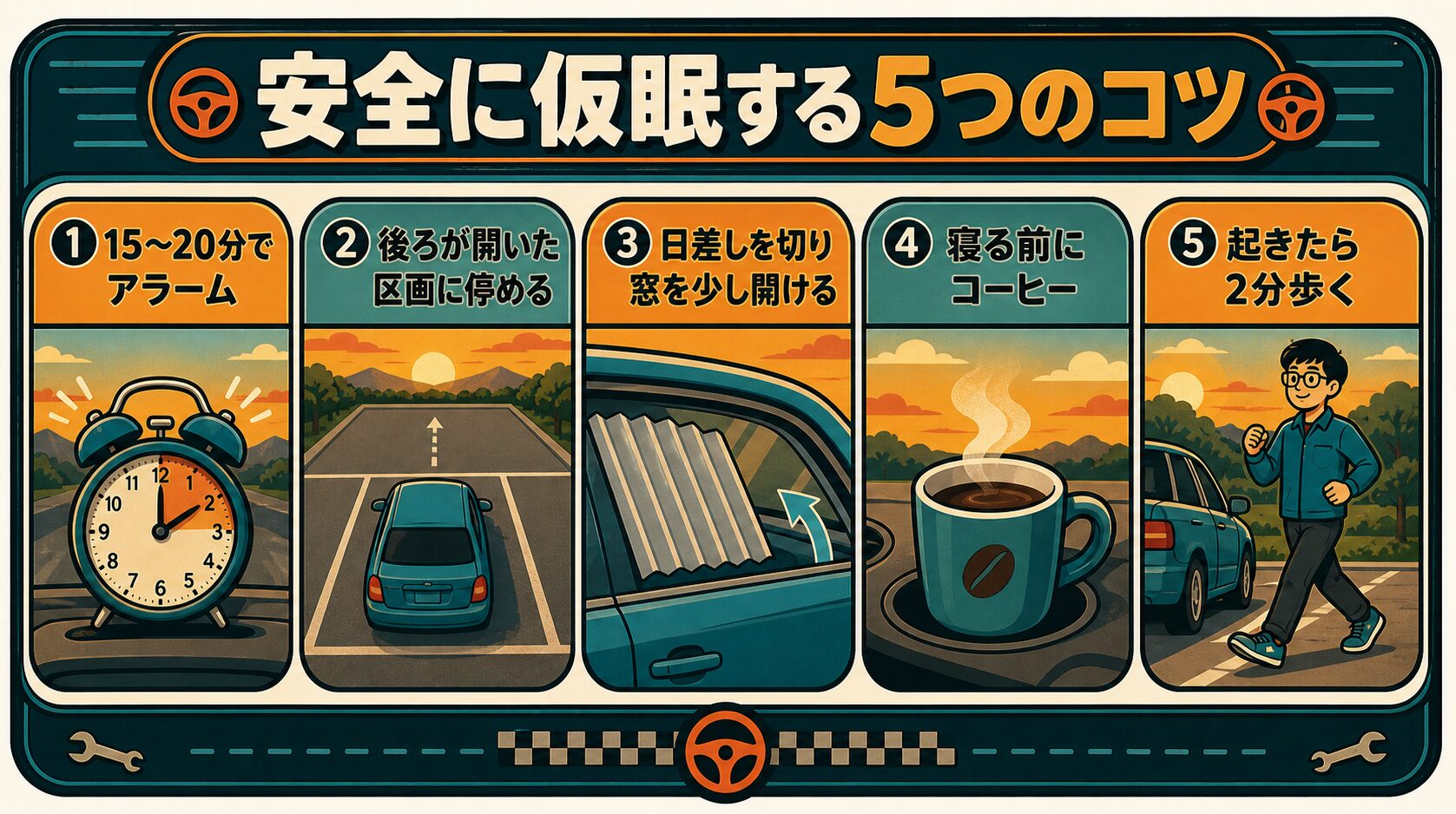 安全に仮眠する5つのコツ。15〜20分でアラーム、後ろが開いた区画に停める、日差しを切り窓を少し開ける、寝る前にコーヒー、起きたら2分歩く