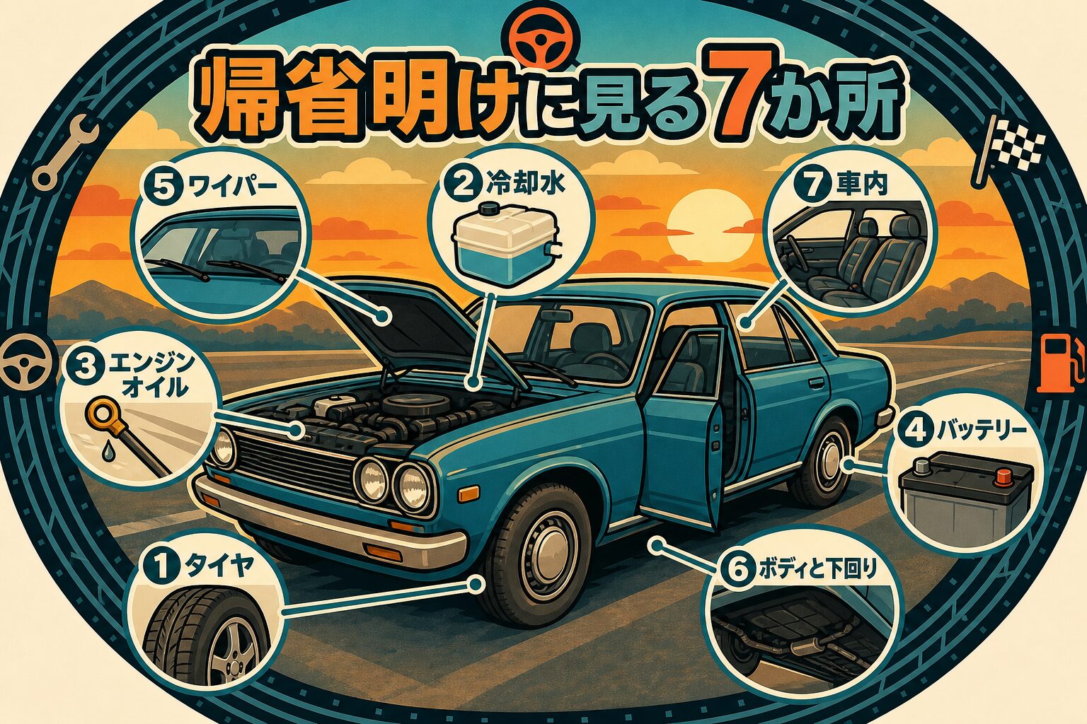 帰省明けに見る7か所。タイヤ、冷却水、エンジンオイル、バッテリー、ワイパー、ボディと下回り、車内