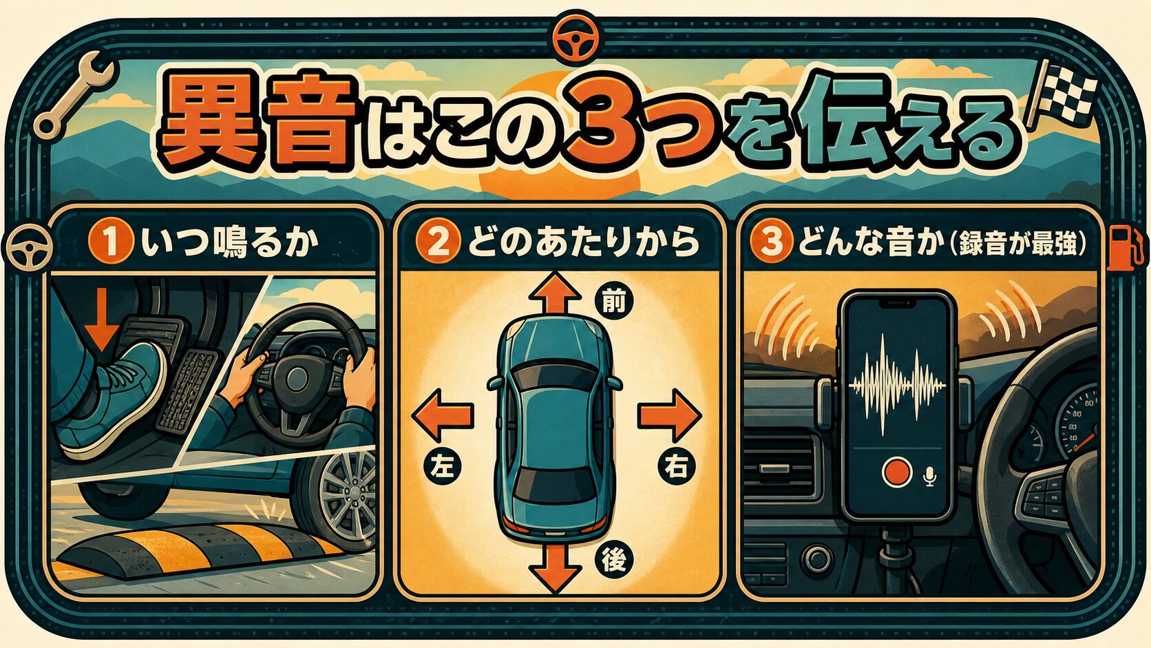 異音を伝えるときの3点セット。いつ鳴るか、どのあたりから、どんな音か（スマホ録音が最強）