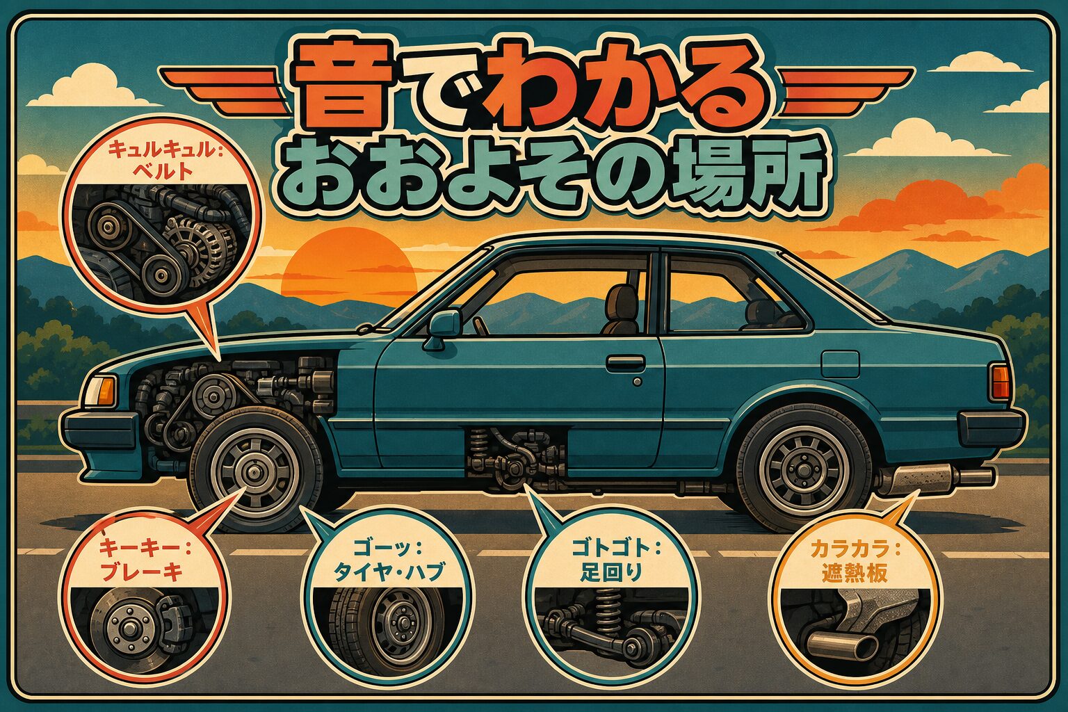 音でわかるおおよその場所。キーキーはブレーキ、ゴーッはタイヤやハブ、ゴトゴトは足回り、キュルキュルはベルト、カラカラは遮熱板