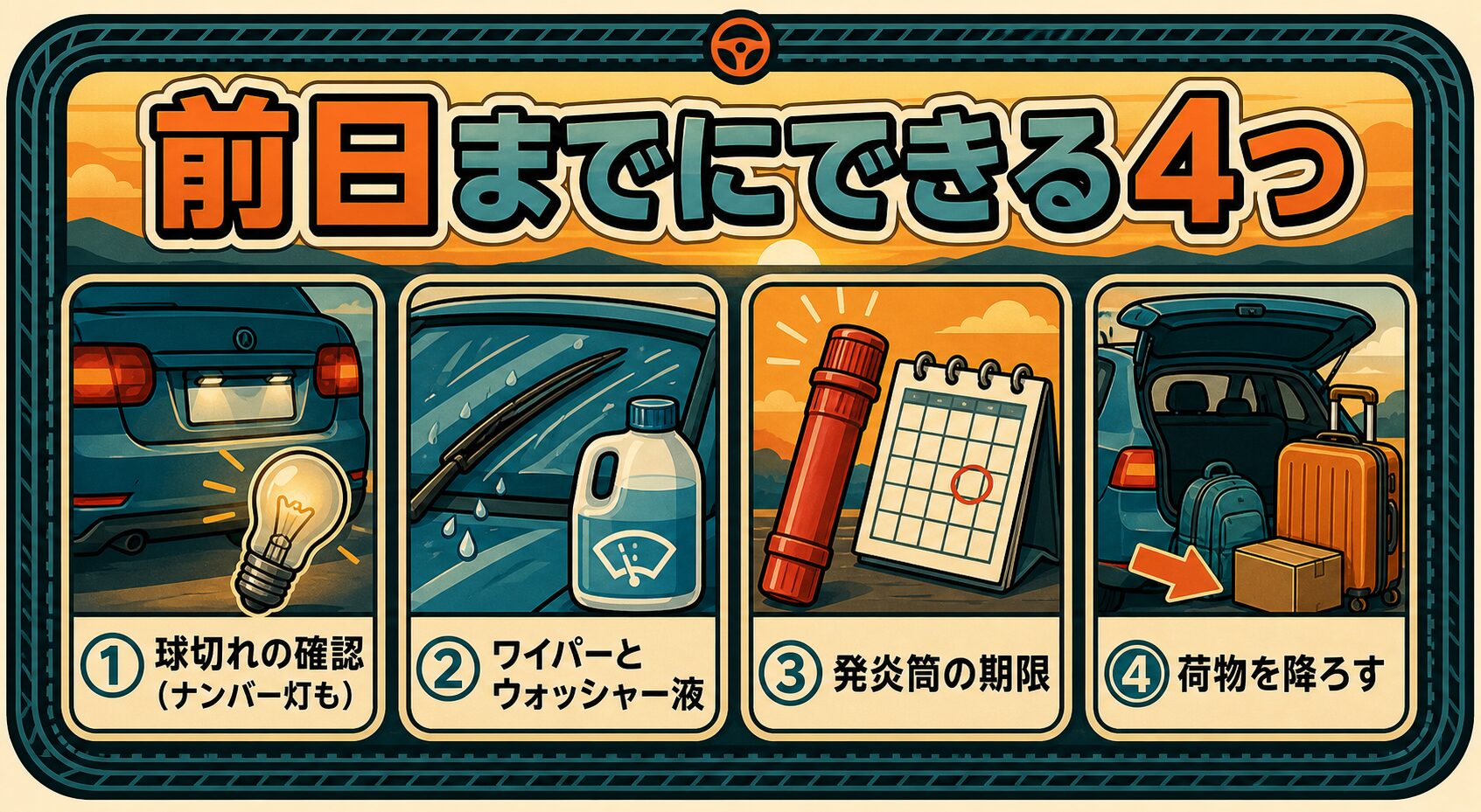 車検の前日までにできる4つ。球切れの確認（ナンバー灯も）、ワイパーとウォッシャー液、発炎筒の期限、荷物を降ろす