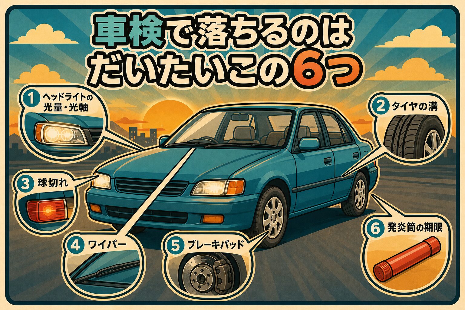 車検で落ちやすい6項目。ヘッドライトの光量と光軸、タイヤの溝、球切れ、ワイパー、ブレーキパッド、発炎筒の期限