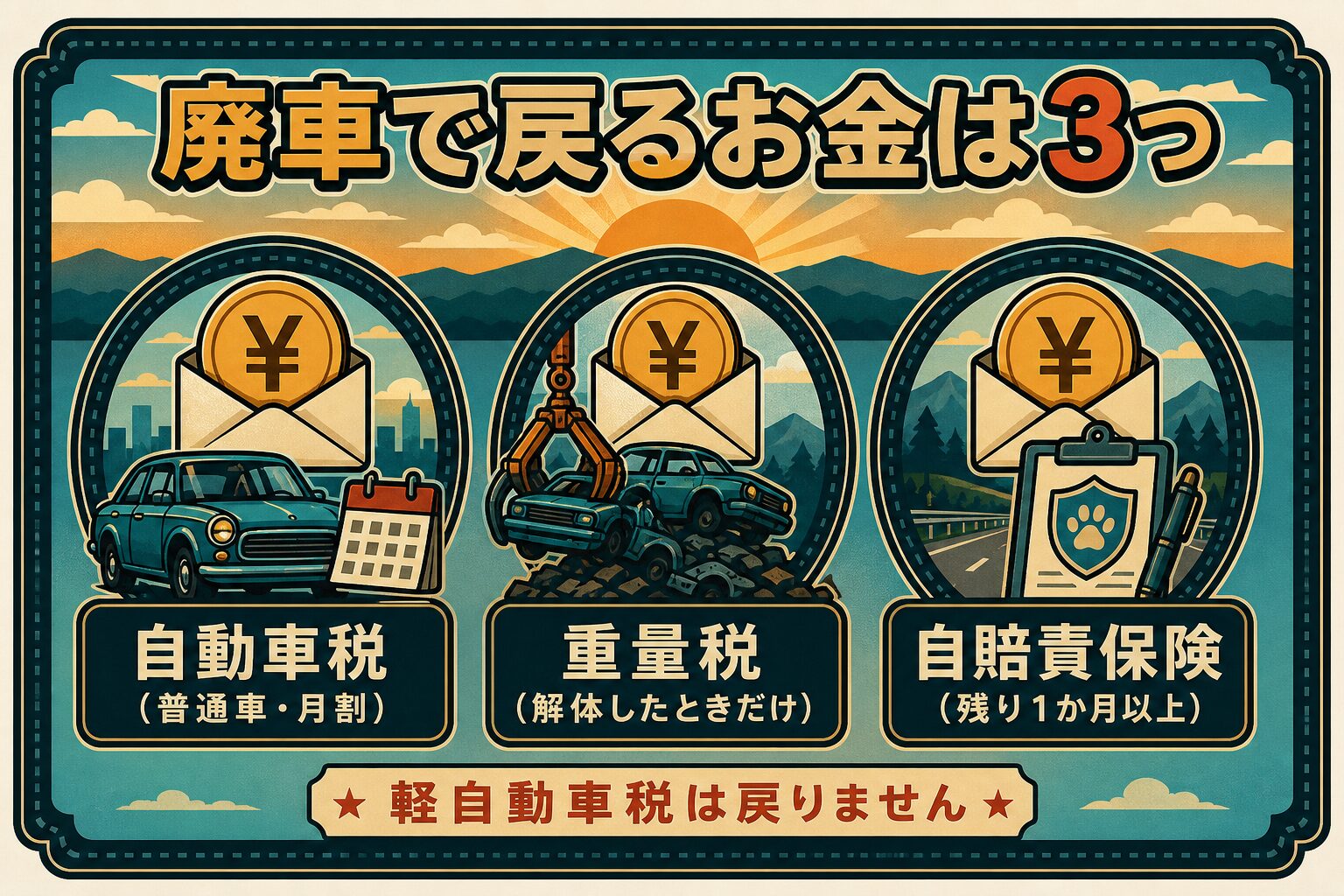 廃車で戻るお金は3つ。自動車税は普通車のみ月割、重量税は解体したときだけ、自賠責保険は残り1か月以上。軽自動車税は戻らない