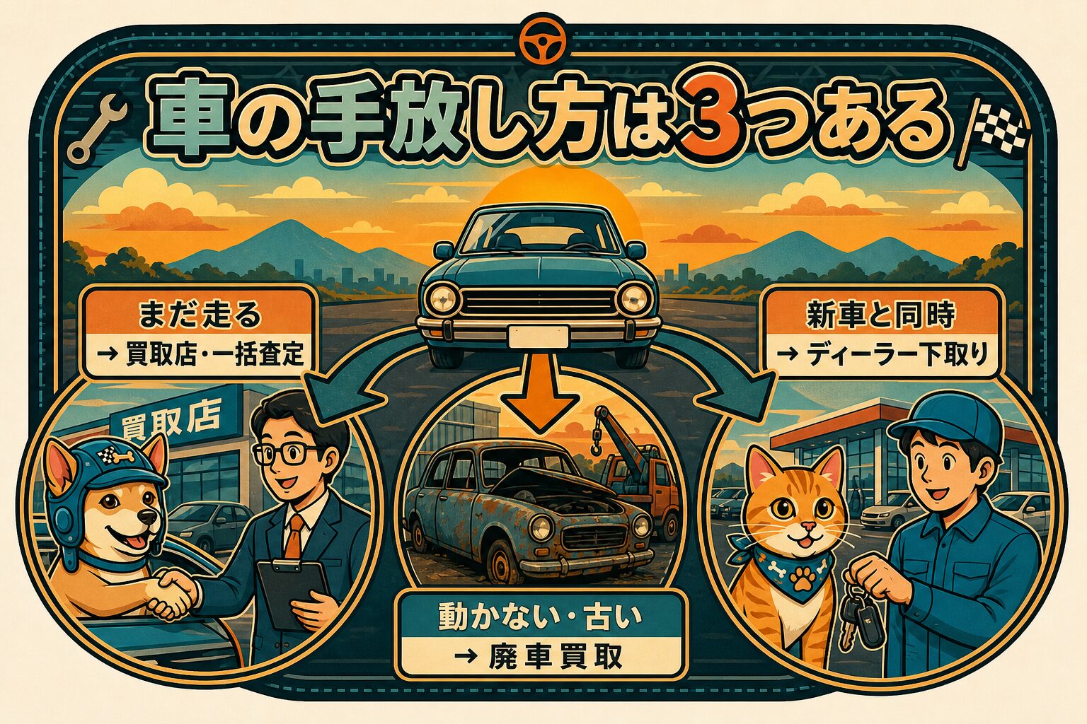 車の手放し方は3つある。まだ走るなら買取店・一括査定、動かない車や古い車は廃車買取、新車と同時ならディーラー下取り