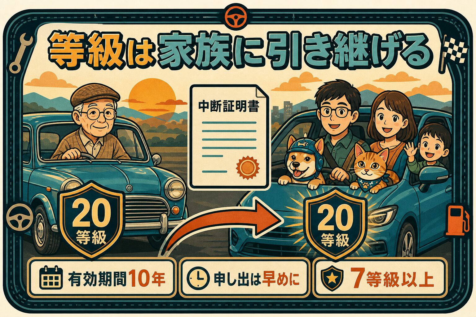 自動車保険の等級は家族に引き継げる。中断証明書があれば20等級を同居の親族へ。有効期間10年、申し出は早めに、7等級以上が条件