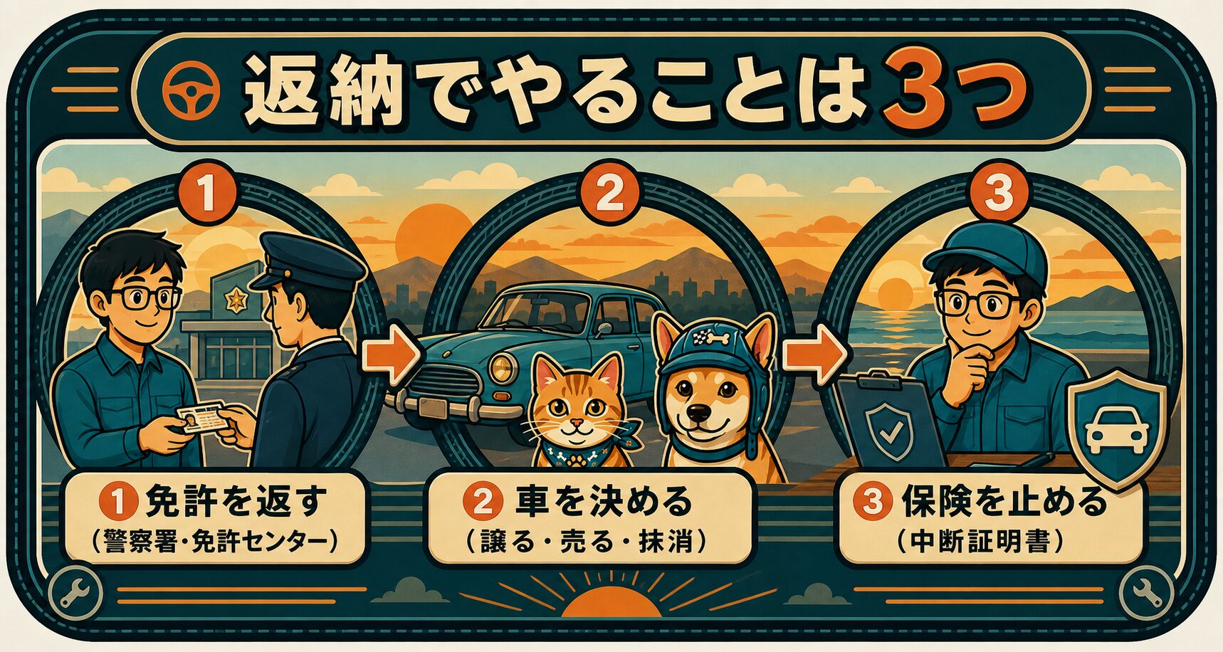 免許返納でやることは3つ。免許を返す、車を決める（譲る・売る・抹消）、保険を止めて中断証明書をもらう