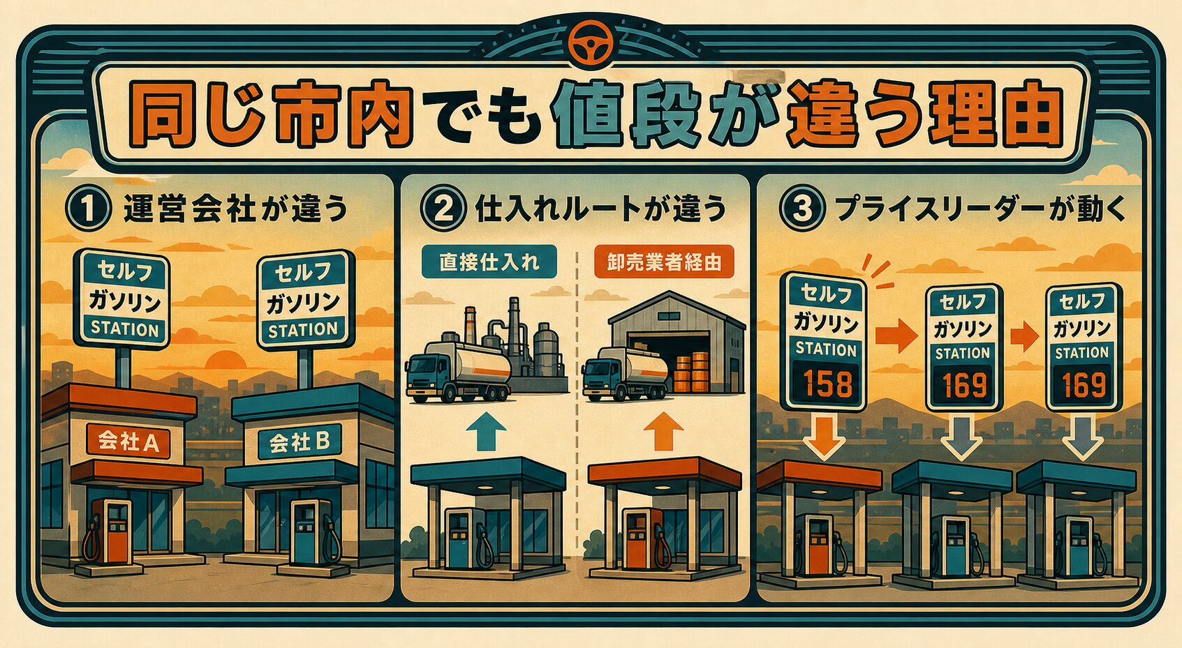 同じ市内でもガソリン価格が違う3つの理由。運営会社が違う、仕入れルートが違う、地域のプライスリーダーが動くと周りも動く