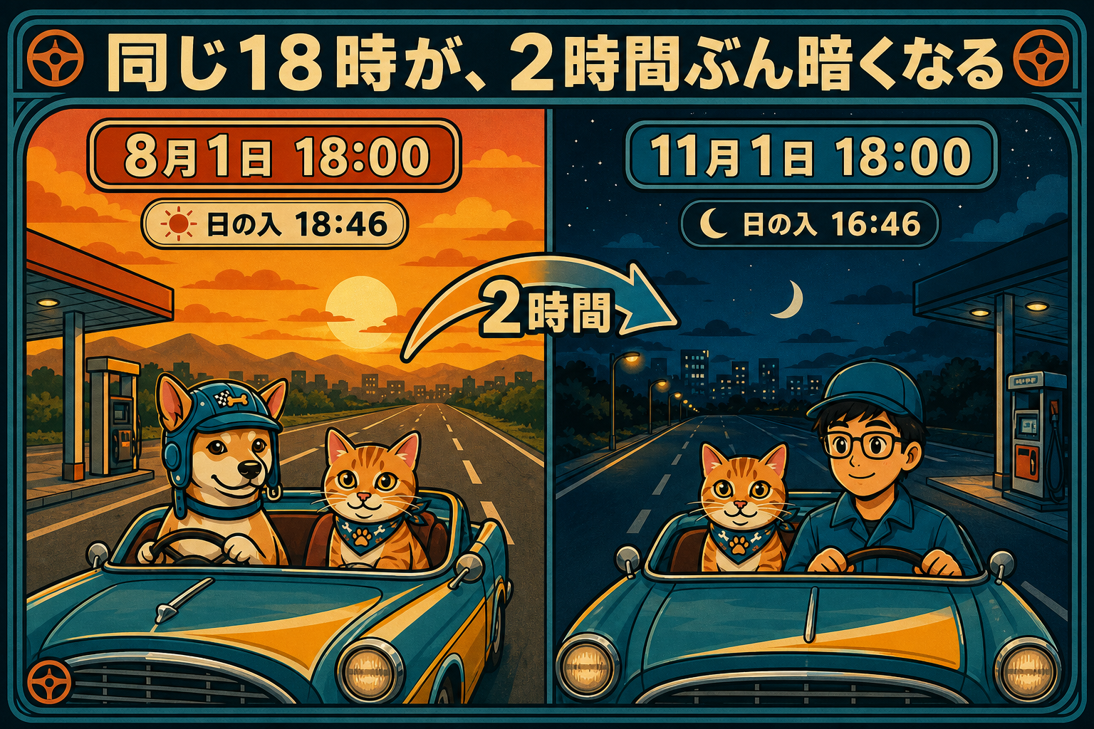 同じ18時でも季節で暗さが違う。東京の日の入りは8月1日が18時46分、11月1日は16時46分で、ちょうど2時間ぶん早くなる