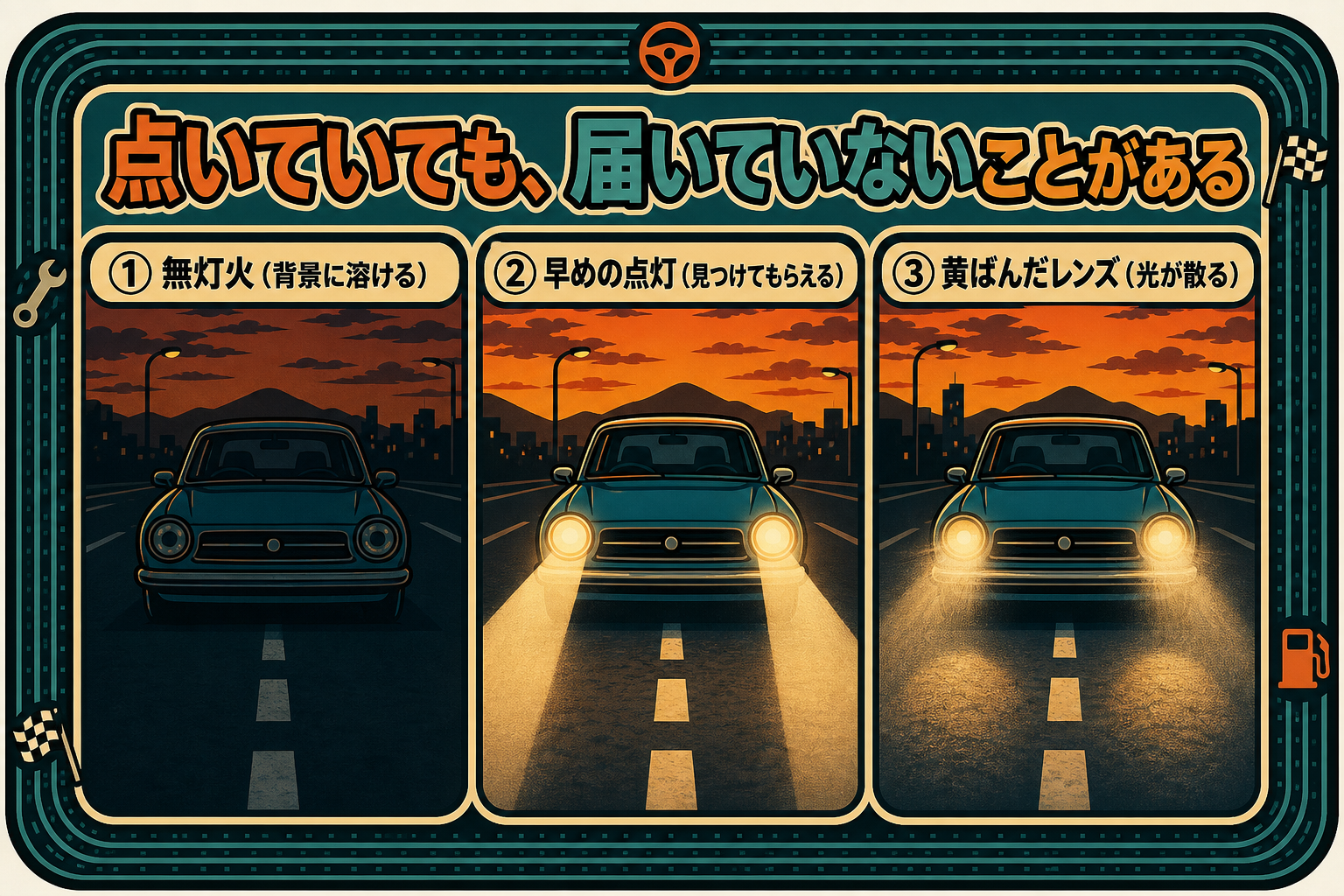 夕方のヘッドライトの見え方3パターン。無灯火は背景に溶け、早めの点灯なら見つけてもらえ、黄ばんだレンズは光が散って遠くまで届かない