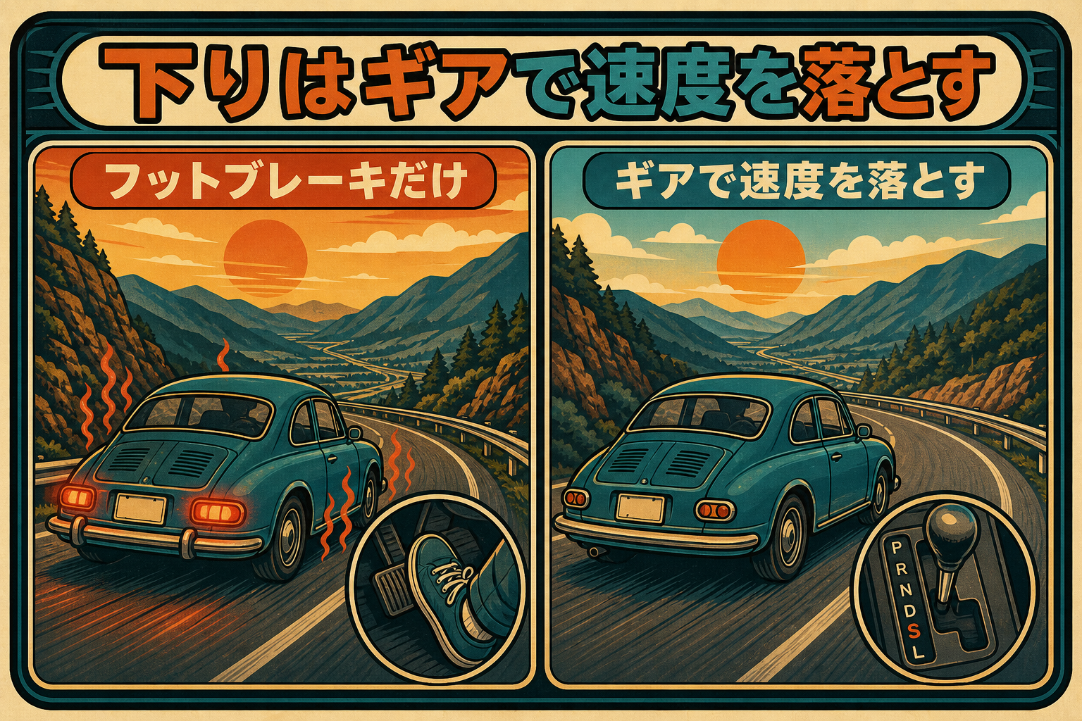 下り坂の走り方の比較。フットブレーキだけだとブレーキが熱を持つが、ギアで速度を落とせばブレーキランプは点かず負担も少ない