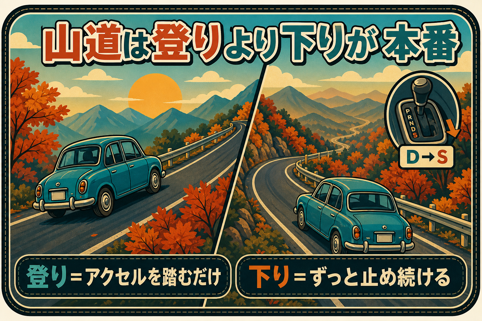 山道は登りより下りが本番。登りはアクセルを踏むだけだが、下りはずっと速度を抑え続ける必要があり、シフトをDからSへ落とす