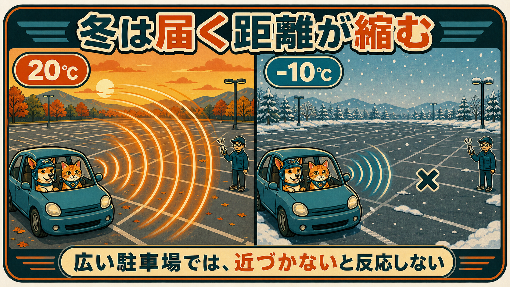 気温20℃では駐車場の端に立つ人まで電波が届くが、−10℃では届く距離が半分以下に縮んで同じ人には届かない