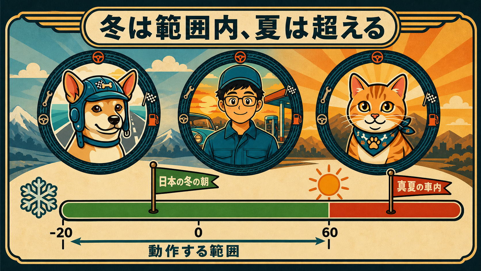 AirTagの動作時環境温度は−20℃から60℃。日本の冬の朝はこの範囲に余裕をもって収まり、真夏の車内だけが60℃を超えて範囲の外に出る