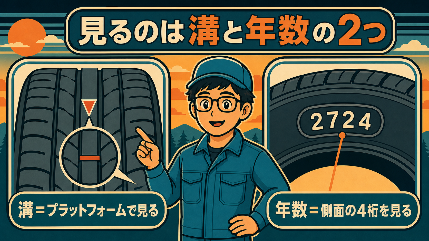手持ちのスタッドレスを見る2か所。溝は50%摩耗で出るプラットフォームで見る、年数はタイヤ側面の4桁の数字で見る