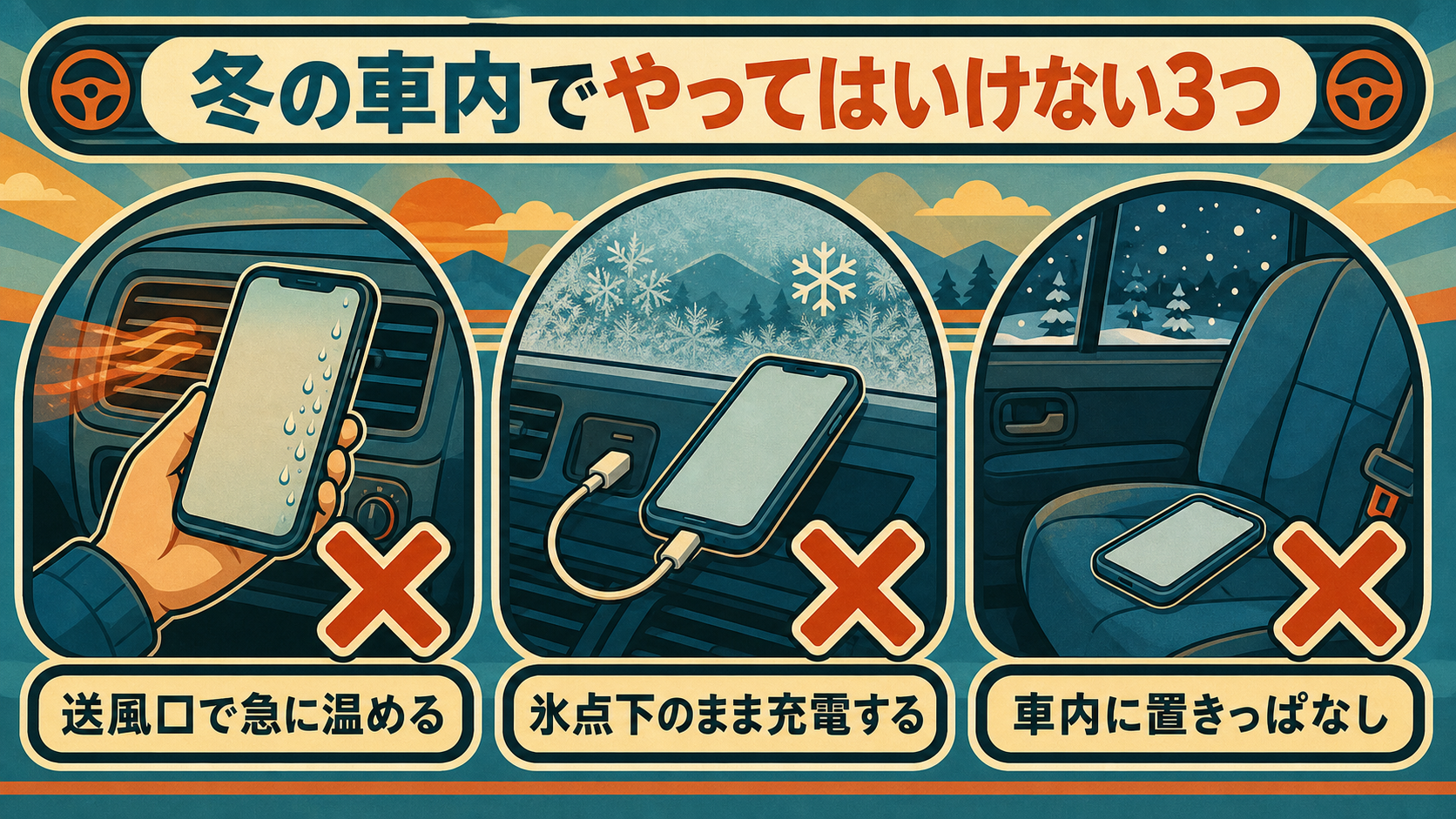 冬の車内でやってはいけない3つ。送風口で急に温める、氷点下のまま充電する、車内に置きっぱなしにする