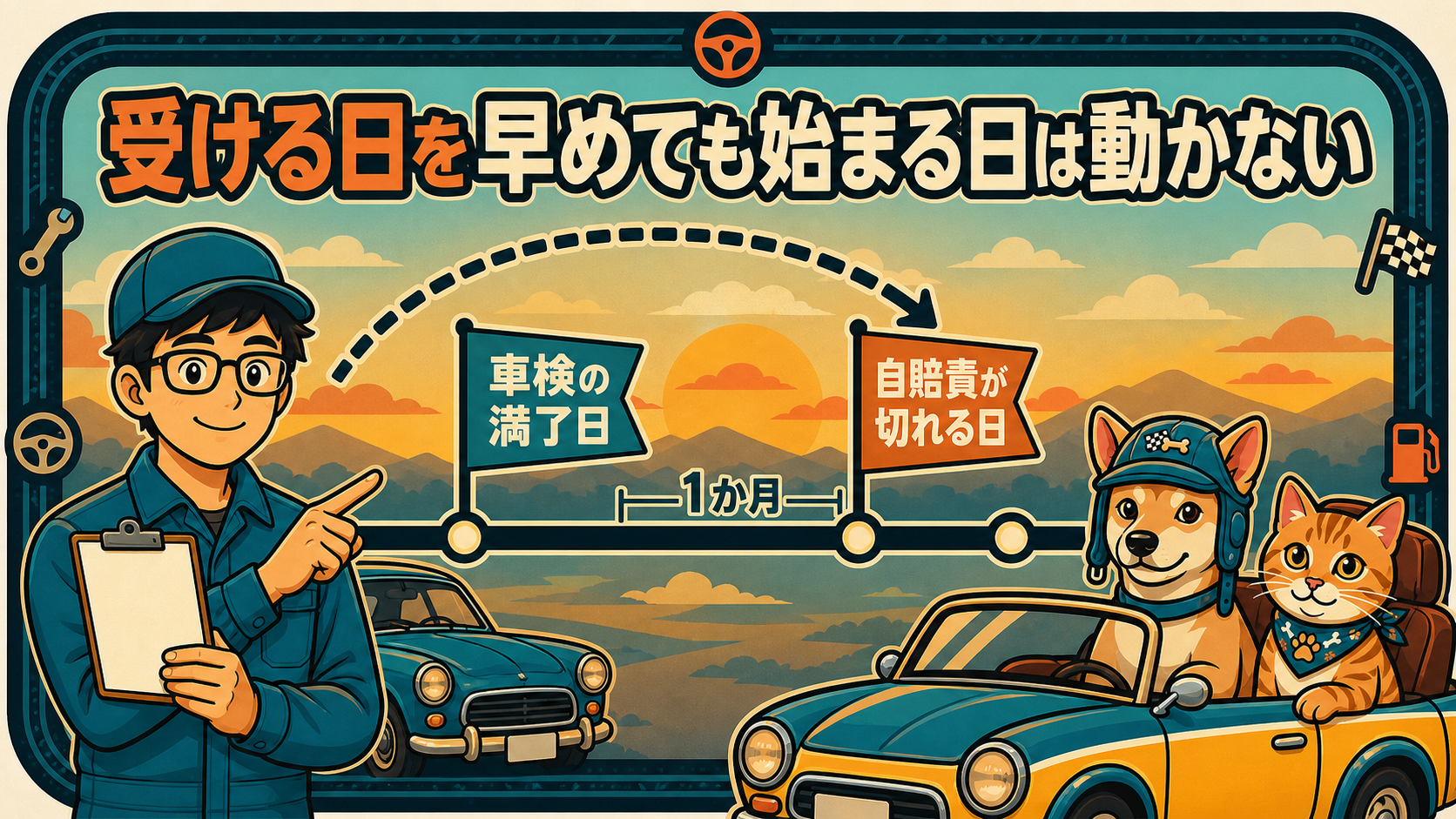 車検の満了日と自賠責が切れる日は1か月ずれている。早めに車検を受けても、新しい自賠責が始まる日は動かない