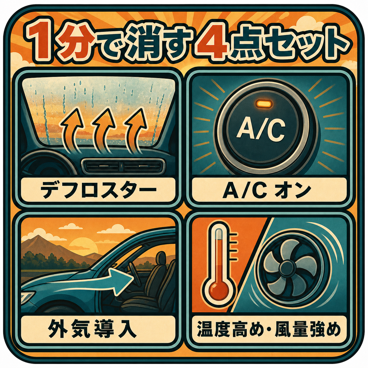 冬の曇りを1分で消す4点セットの図。デフロスターON・A/CON・外気導入・温度高め風量強め