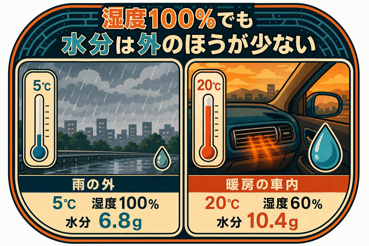 雨の日の外5℃湿度100％は水分約6.8g、暖房の効いた車内20℃湿度60％は水分約10.4gと比べた図