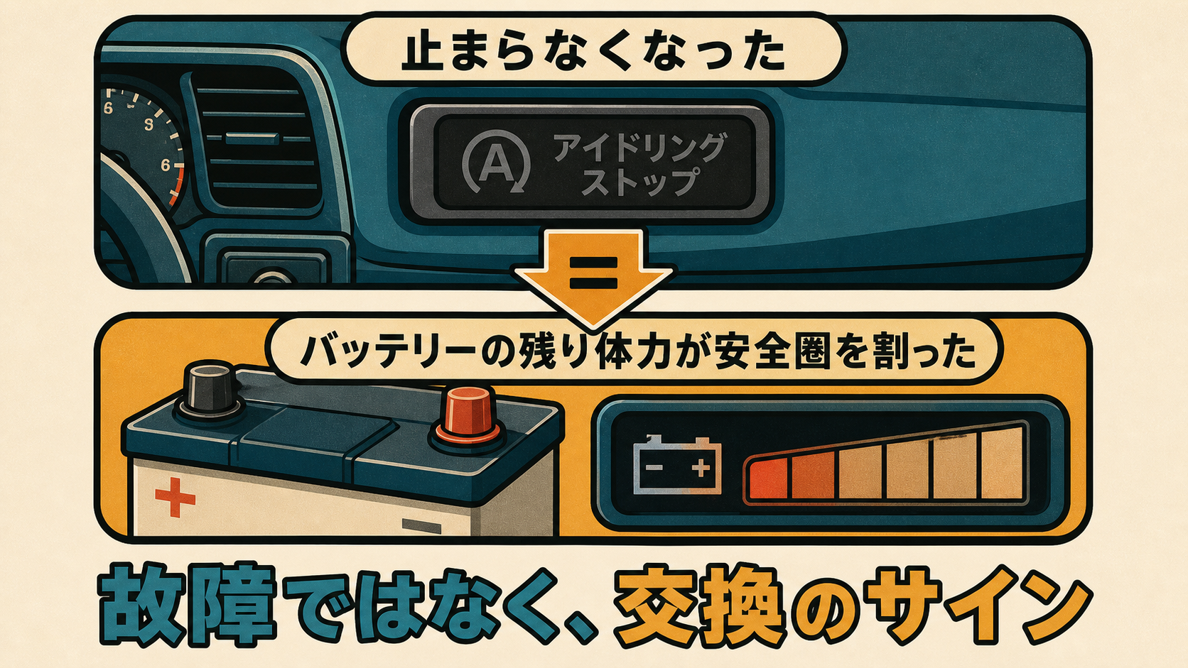 アイドリングストップが止まらなくなったらバッテリーの残り体力が安全圏を割ったサインだと示す図