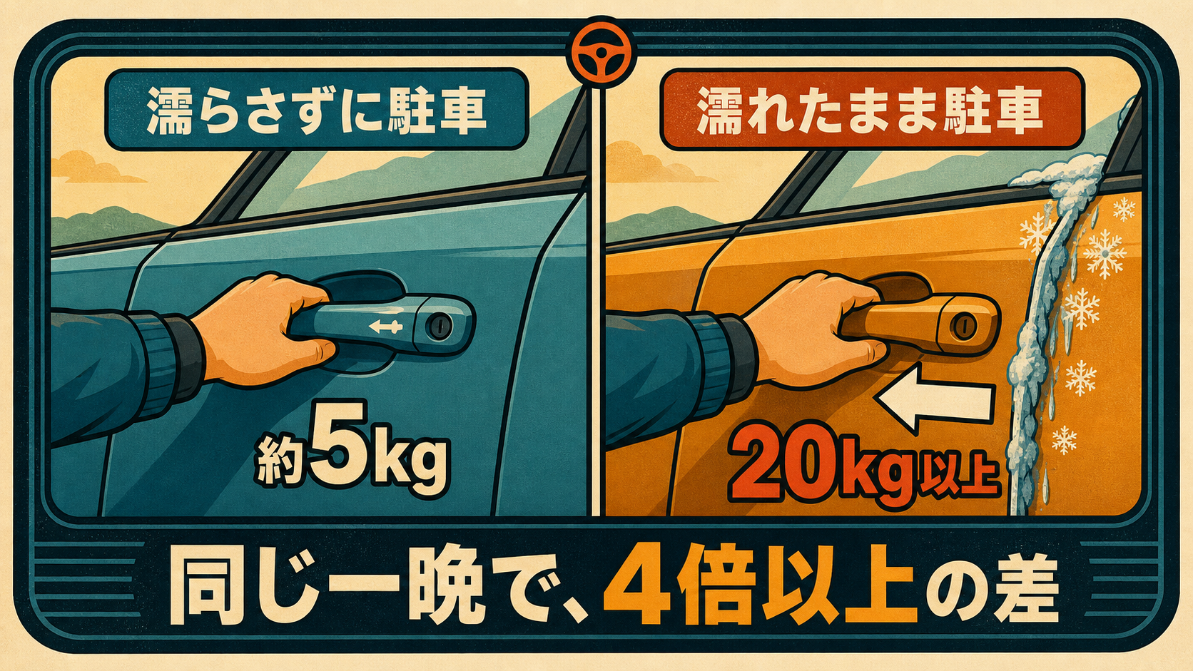 JAFのテストで、濡らさずに駐車したドアは約5kg、濡れたまま凍結したドアは20kg以上の力が必要だったことを示す図