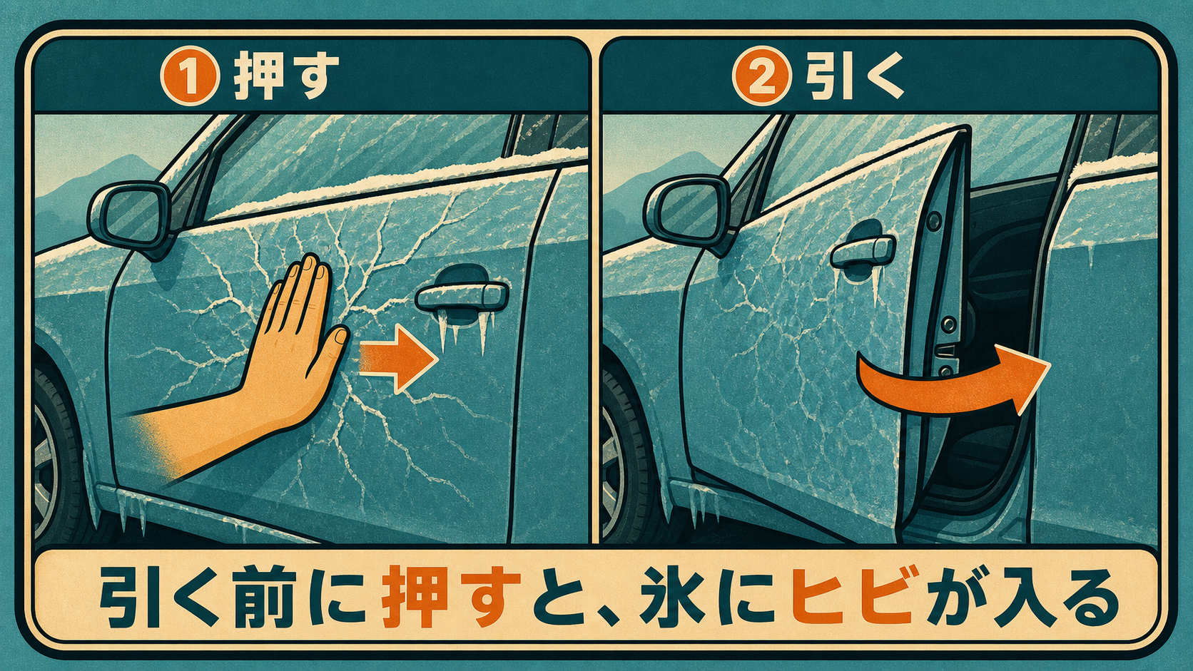 凍ったドアは引く前に押すと氷にヒビが入って開きやすくなることを示す2ステップの図