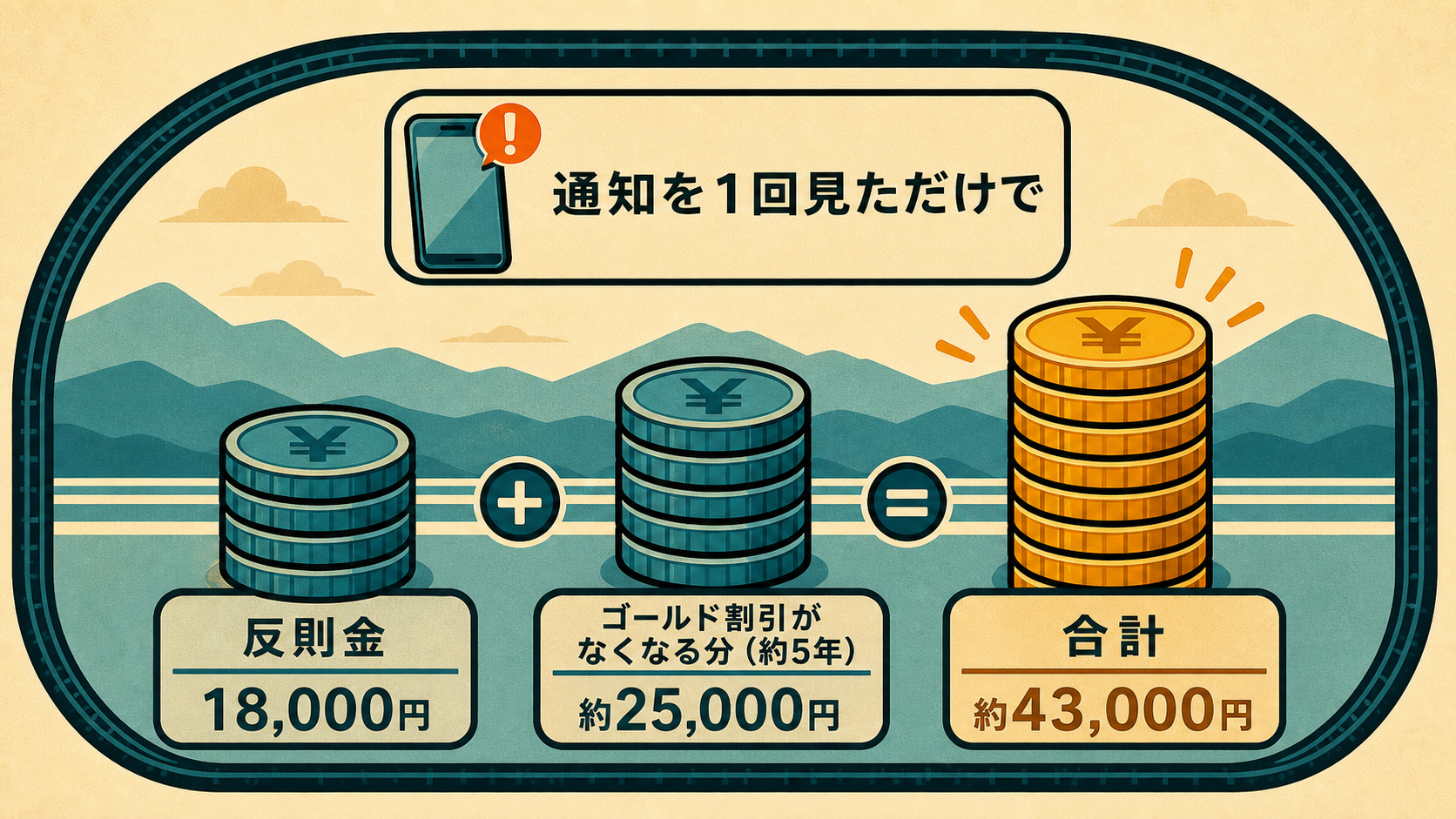 ながら運転1回の代償の図。反則金18,000円とゴールド割引がなくなる分約25,000円で、合計約43,000円