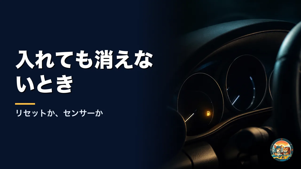 夜の車内のメーターパネル。暗い計器の中で黄色い警告灯がひとつだけ光っている
