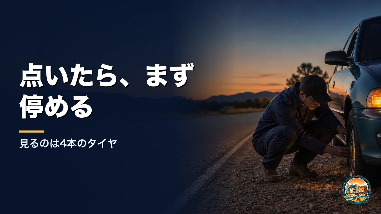 路肩に停めた車のタイヤをしゃがんで確認している人。警告灯が点いたらまず停めてタイヤを見る