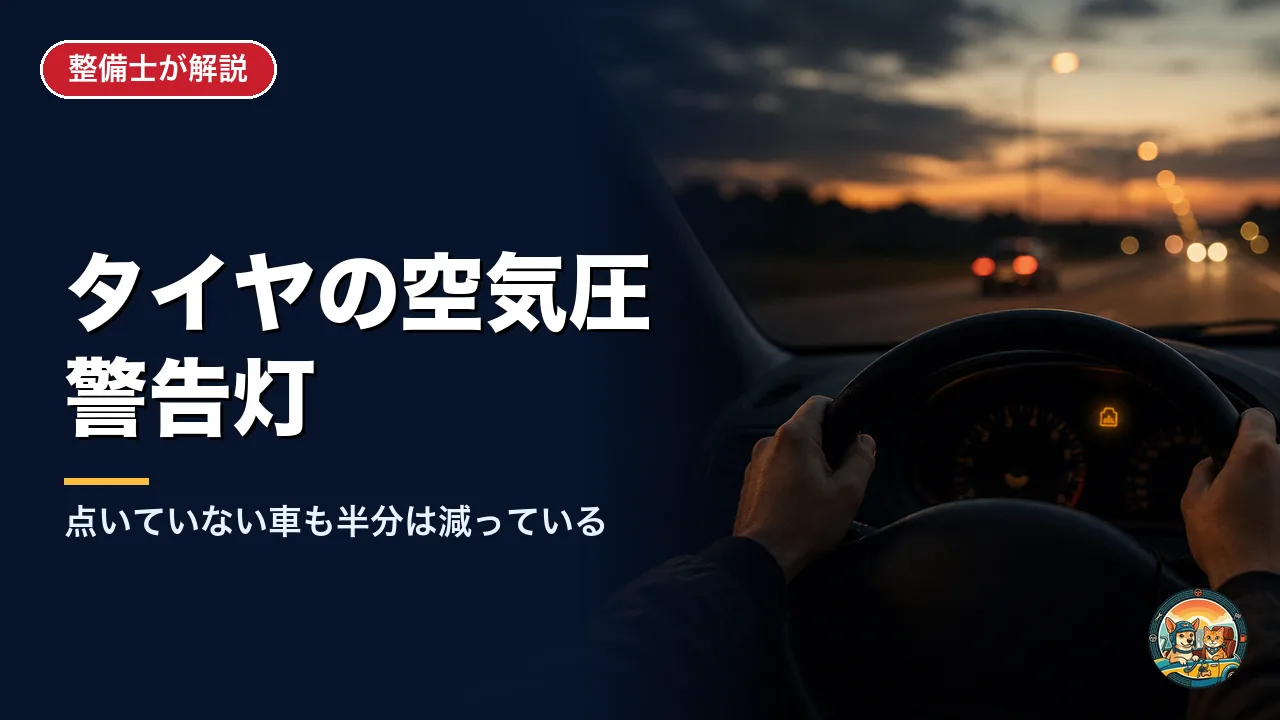夕暮れの車内から見たメーター。タイヤの空気圧警告灯が黄色く点灯している